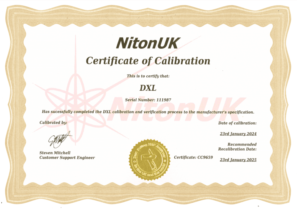 XRF Gold Analyser Calibration Certificate