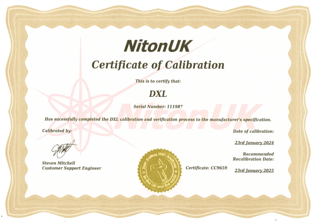 Moonstone Gold XRF Calibration Certificate